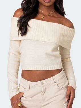 Edikted Tamara Fold Over Knit Top Cream Size Medium